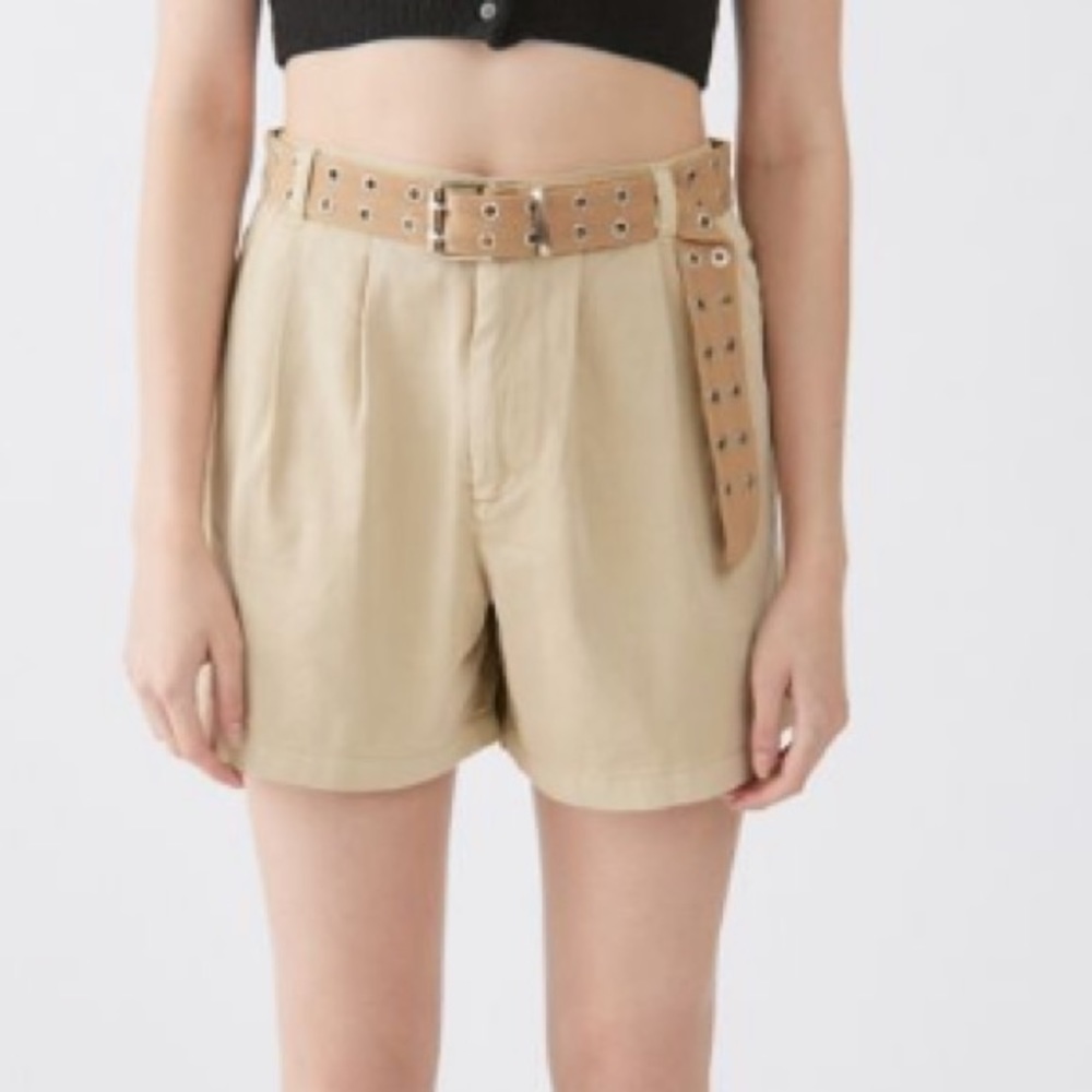 BDG Tan High-Waist Pleated Shorts with Studded Belt